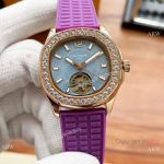 Clone Patek Philippe Lady Tourbillon Diamond Bezel Purple Rubber Strap 35mm